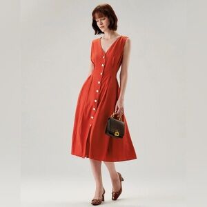 Rihoas Red V-neck Button Sleeveless Midi Dress